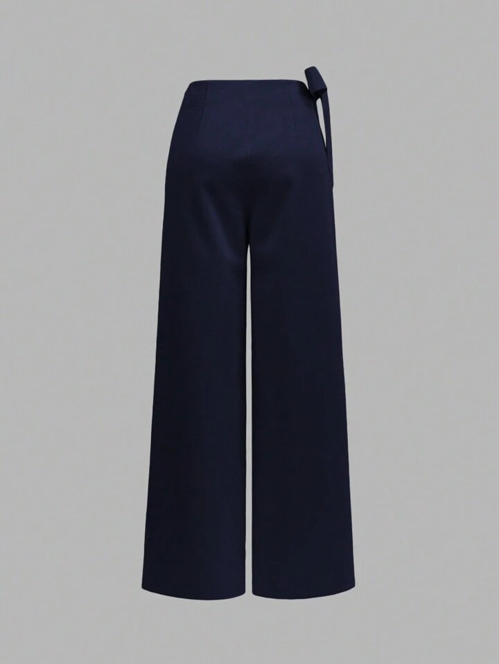 CM-BS776837 Women Casual Seoul Style High Waist Linen-Like Tie Waist Wide Leg Pants - Navy Blue