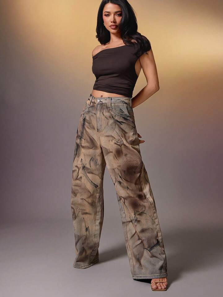 CM-BS183783 Women Casual Seoul Style Abstract Wash High Waist Relaxed Fit Wide Leg Jeans