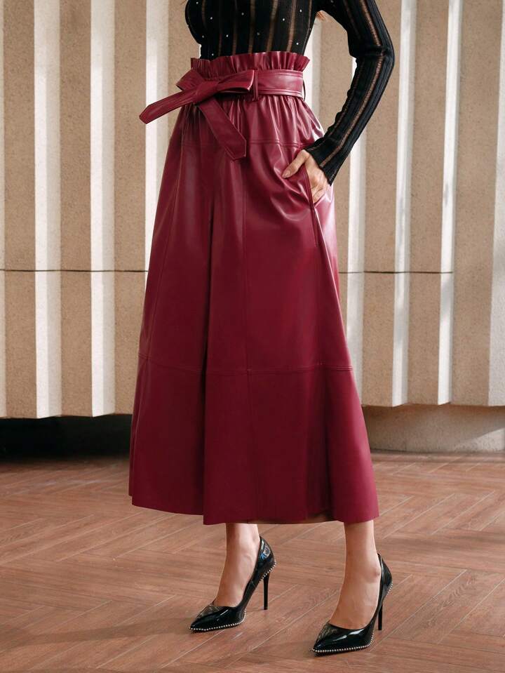 CM-BS309939 Women Elegant Seoul Style High Waist Faux Leather Wide Leg Pants - Red