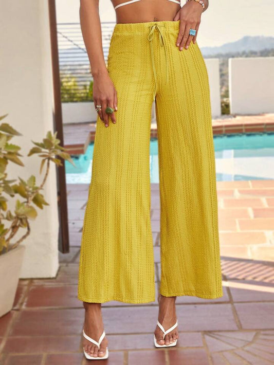 CM-BS666605 Women Trendy Bohemian Style Knitted Jacquard Wide Leg Pants - Mustard Yellow