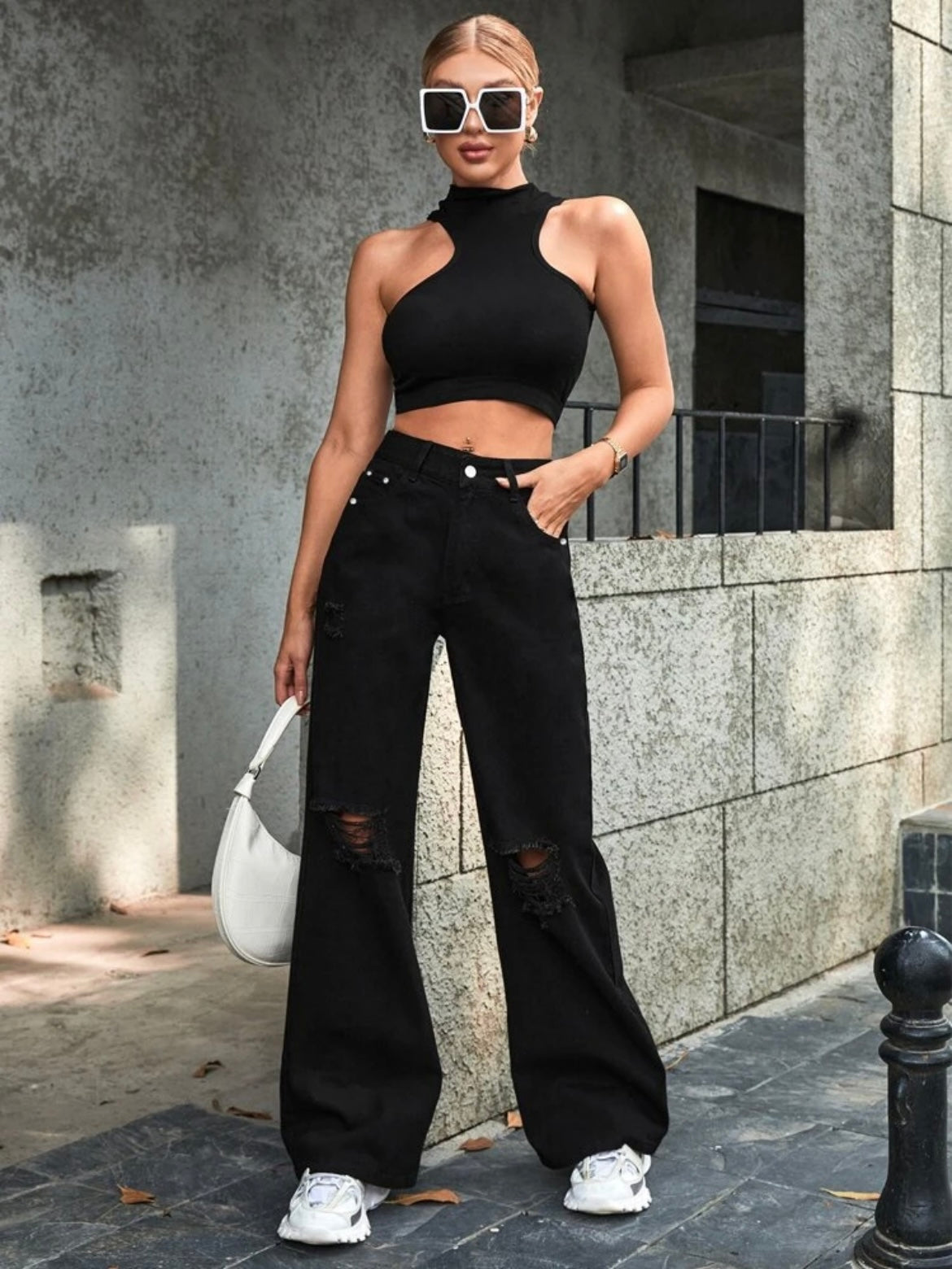 CM-BS302694 Women Casual Seoul Style High Waist Distressed Wide Leg Loose Denim Jeans - Black