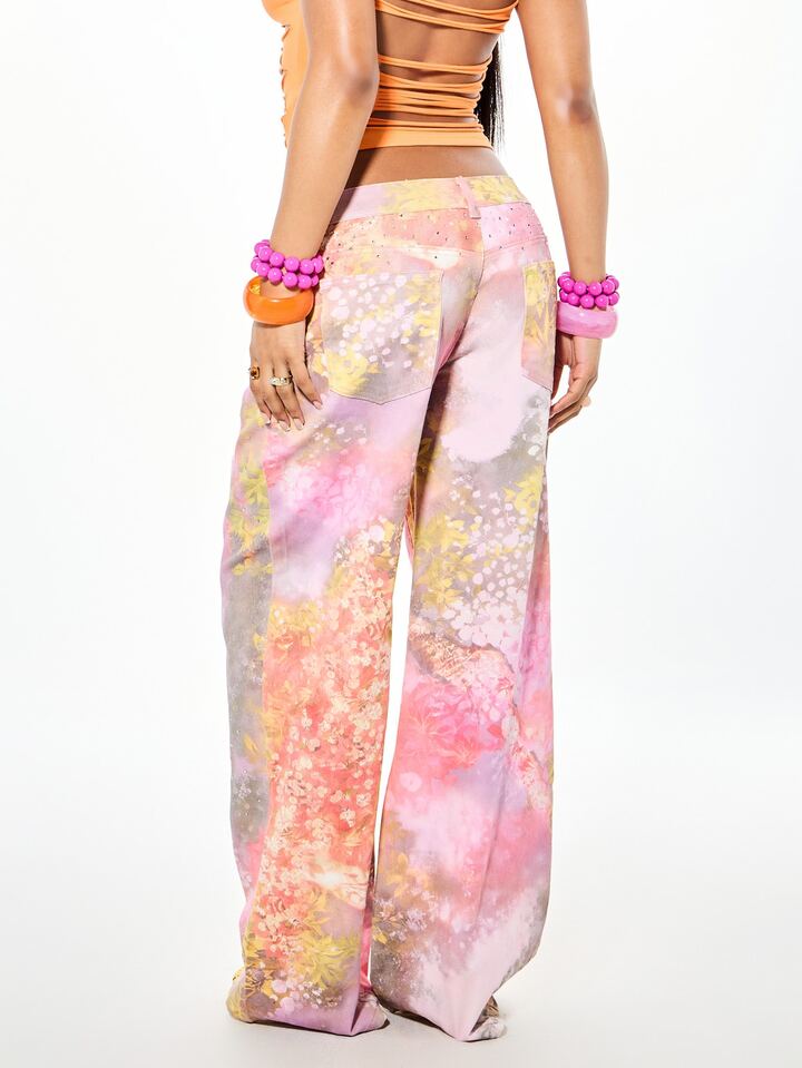CM-BS700276 Women Casual Seoul Style Low Rise Watercolor Floral All-Over Print Denim Wide Leg Jeans - Pink