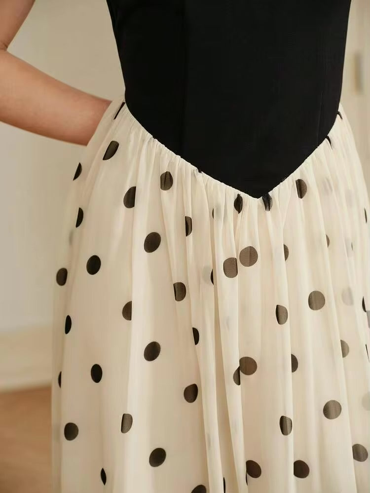 CM-DS474780 Women Elegant Seoul Style Boat Neck Sleeveless Polka Dot Print Patchwork Long Dress