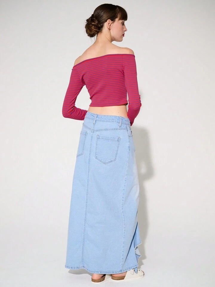 CM-BS091661 Women Casual Seoul Style Ultra Low Waist Ruffled Slit Stretch Denim Maxi Skirt - Blue