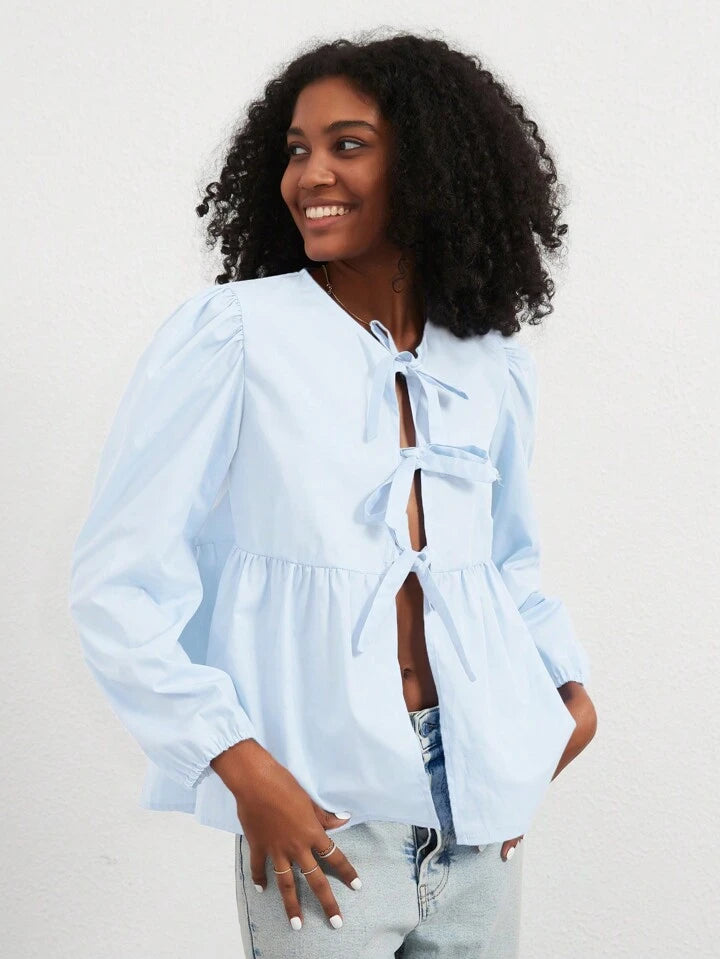 CM-TS617176 Women Casual Seoul Style Print Ruffle Hem Tie Long Sleeve Shirt - Baby Blue
