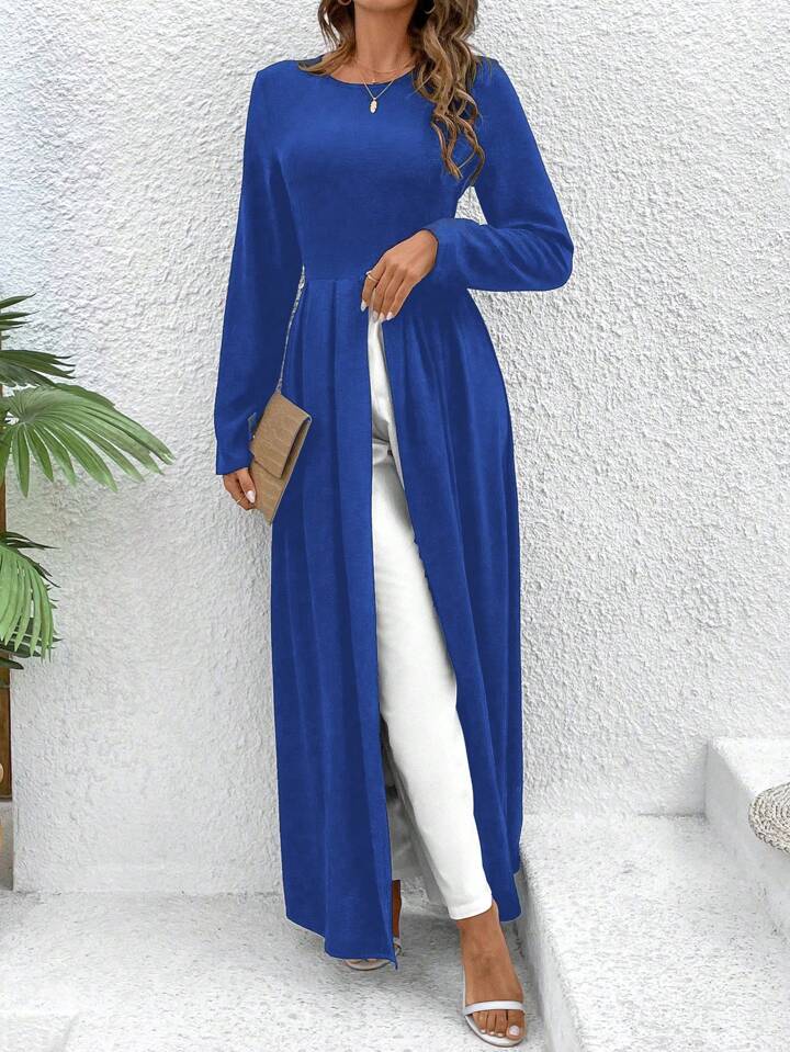 CM-SS007337 Women Casual Seoul Style Round Neck Slit Pleated Long Top With Straight Pants - Royal Blue