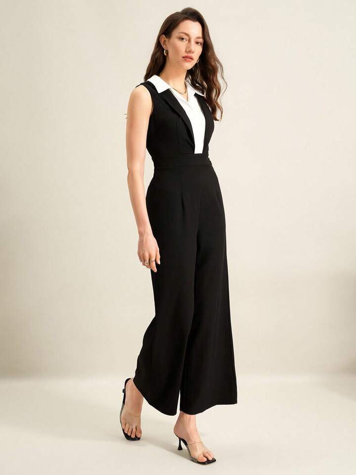 CM-JS535253 Women Elegant Seoul Style Colorblock Lapel Neckline Sleeveless Wide Leg Jumpsuit