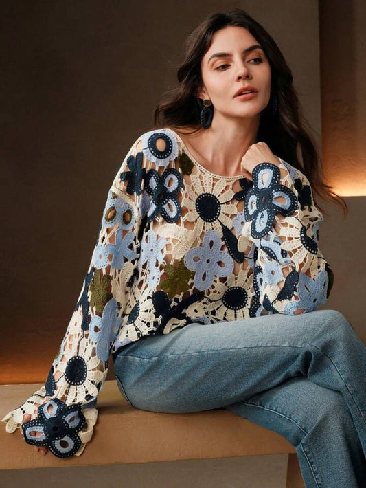 CM-CS203085 Women Trendy Bohemian Style Floral Hollow Out Knitted Long Sleeve Pullover Cover Up