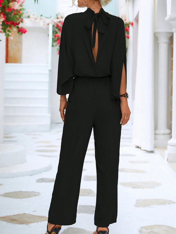 CM-JS121816 Women Trendy Bohemian Style Stand Collar Tie Back Split Sleeves Jumpsuit - Black
