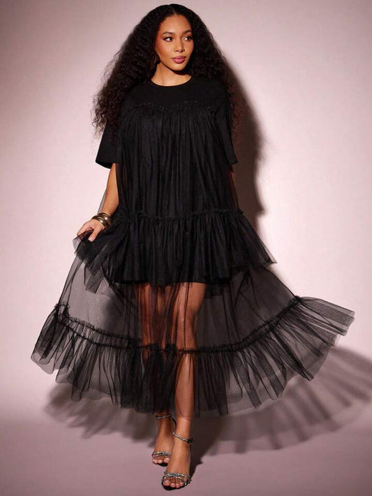 CM-DS243277 Women Elegant Seoul Style Round Neck Short Sleeve Contrast Mesh Tulle Tiered Maxi Dress - Black