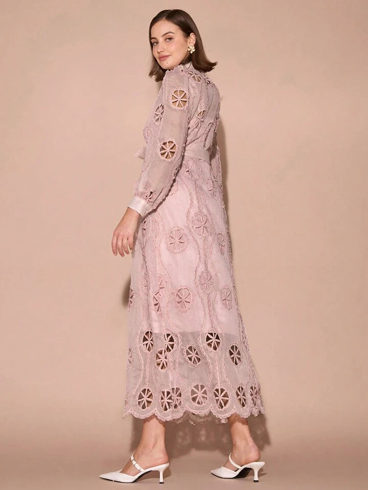 CM-DS831119 Women Elegant Seoul Style Collar Neckline Hollow-Out Embroidered Long Sleeve Maxi Dress - Pink