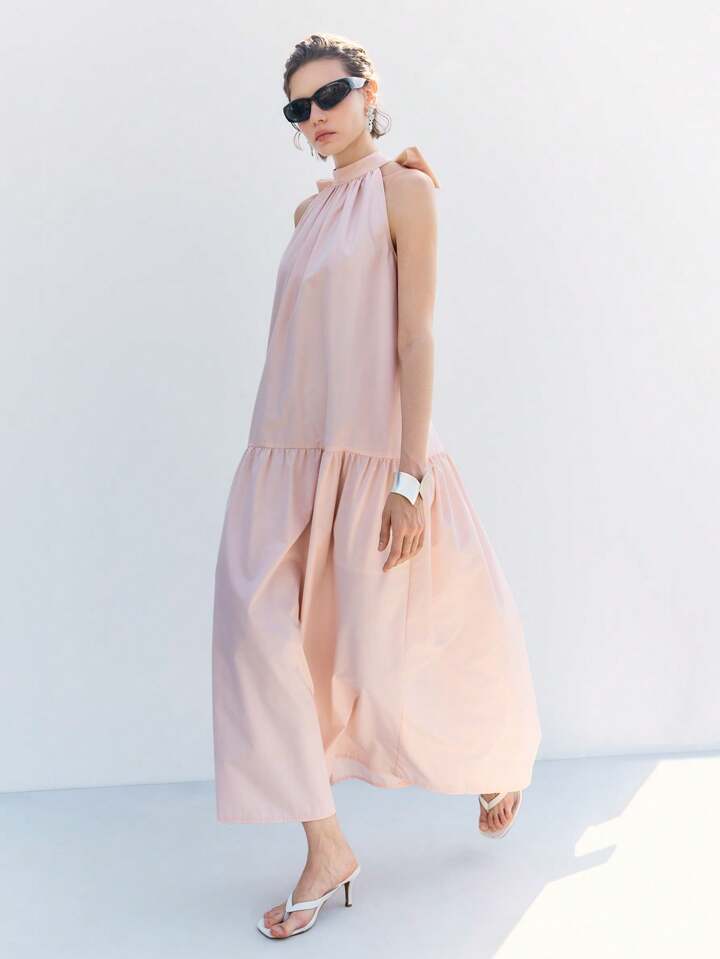 CM-DS178358 Women Casual Seoul Style Tie-Up Halter Sleeveless A-Line Pleated Hem Long Dress - Baby Pink