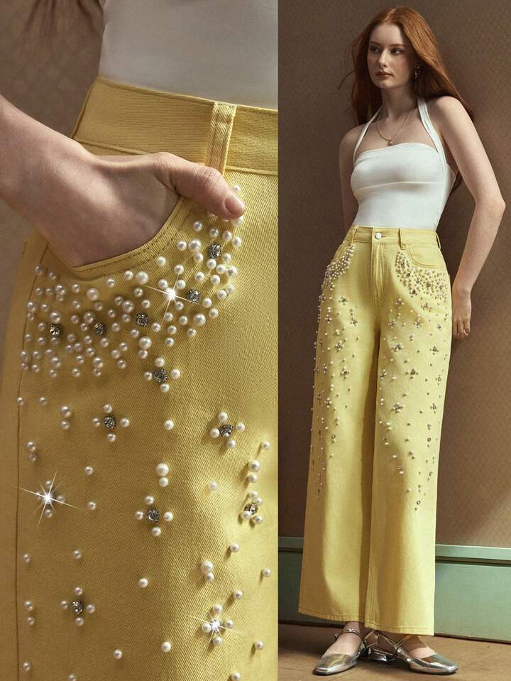 CM-BS414711 Women Casual Seoul Style Pearl Decor Pocket Wide Leg Loose Fit Jeans - Yellow