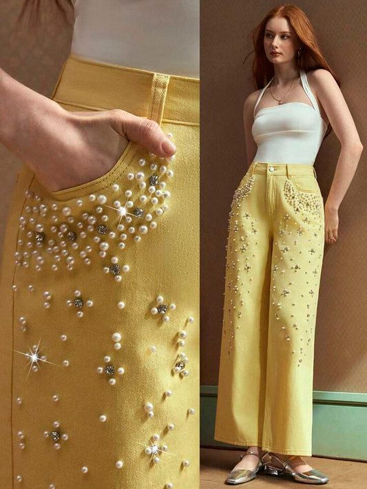 CM-BS414711 Women Casual Seoul Style Pearl Decor Pocket Wide Leg Loose Fit Jeans - Yellow