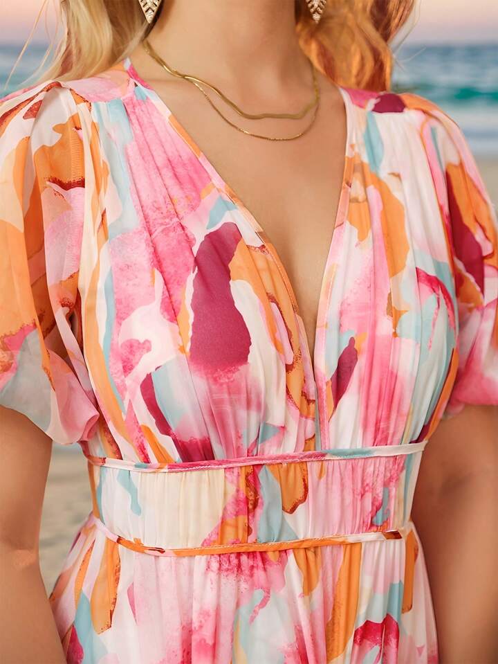 CM-DS422422 Women Trendy Bohemian Style Tie-Dye Printed V-Neck Short Puff Sleeve Large Hem Dress