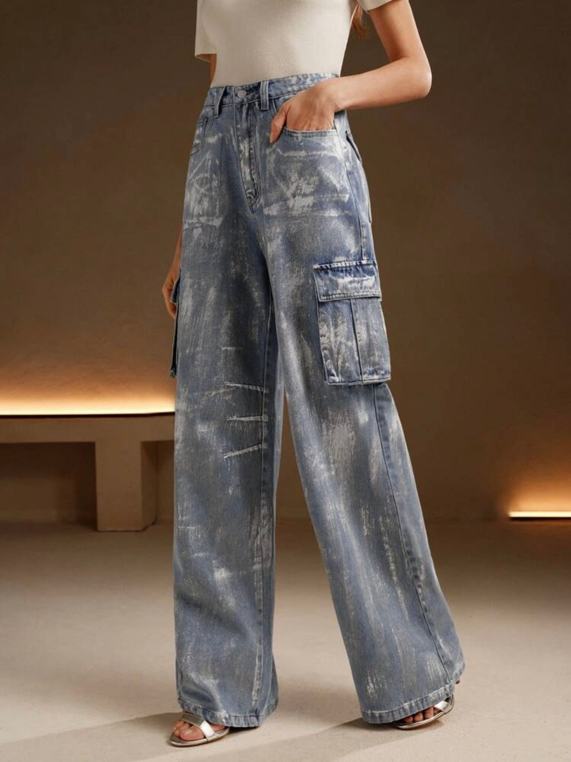 CM-BS089998 Women Elegant Seoul Style Distressed Embellished Silver Print Denim Cargo Pants