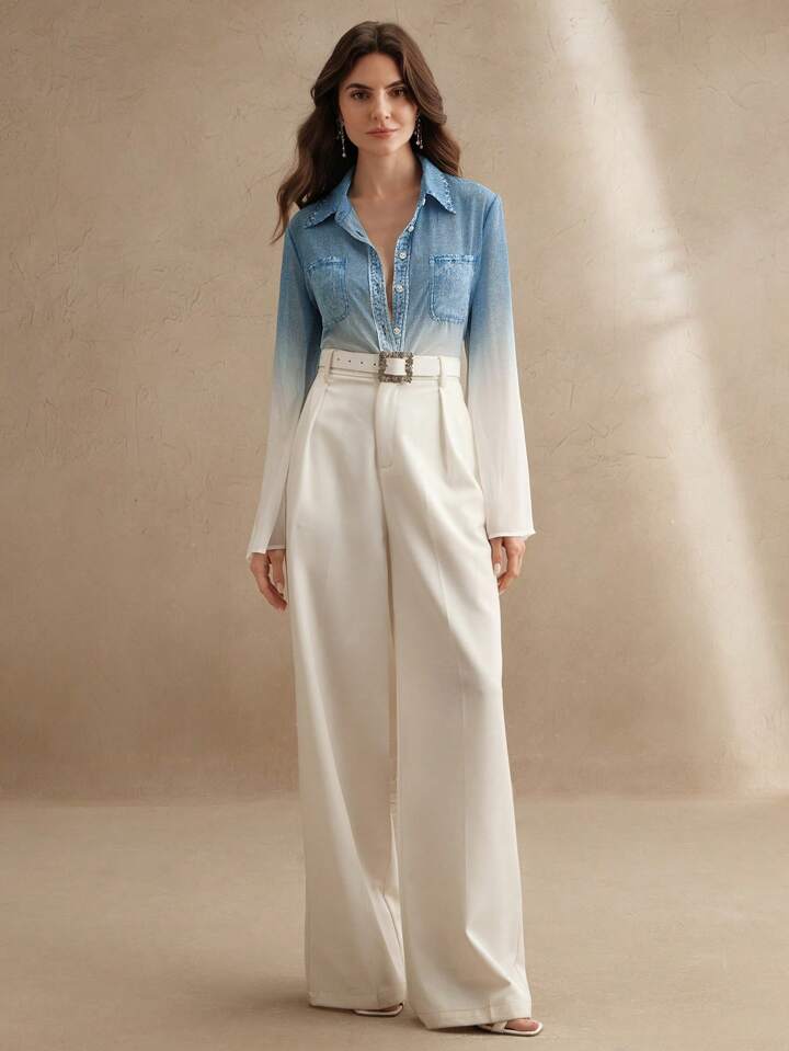 CM-TS772007 Women Casual Seoul Style Chiffon Fabric Imitation Denim Gradient Long Sleeved Shirt - Blue