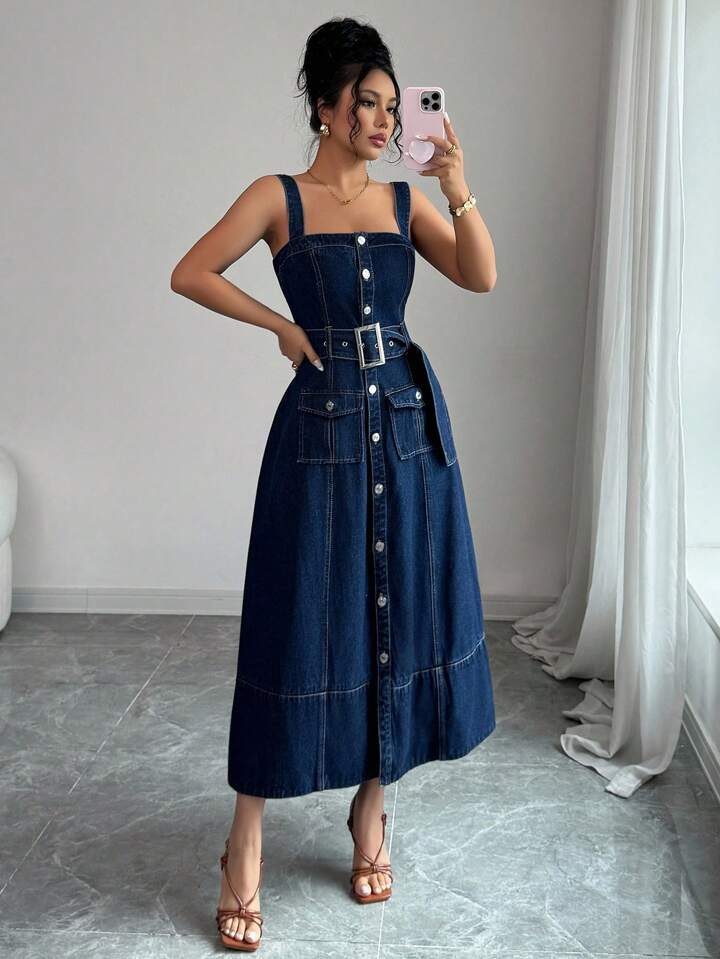 CM-DS261711 Women Elegant Seoul Style Dark Wash Flip Pocket Single-Breasted Buckle Belted Denim Strap Dress