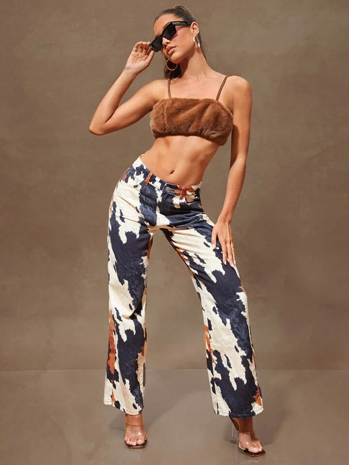 CM-BS851046 Women Casual Seoul Style Low Rise Baggy Printed Dual Pocket Straight Leg Loose Denim Jeans