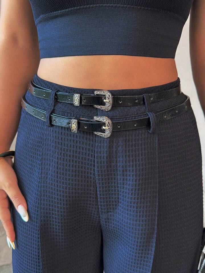 CM-BS675519 Women Elegant Seoul Style Solid Color Mid Waist Waffle Belt Loop Straight Leg Pants - Black