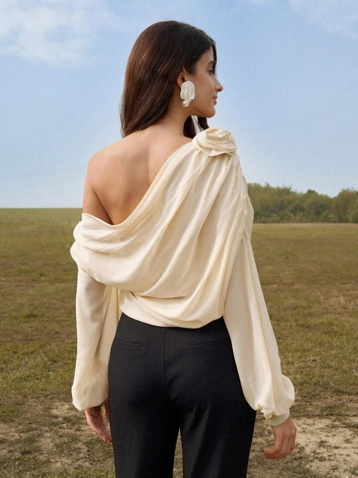 CM-TS340400 Women Elegant Seoul Style 3D Floral Open Shoulder Pleated Chiffon Shirt - Apricot