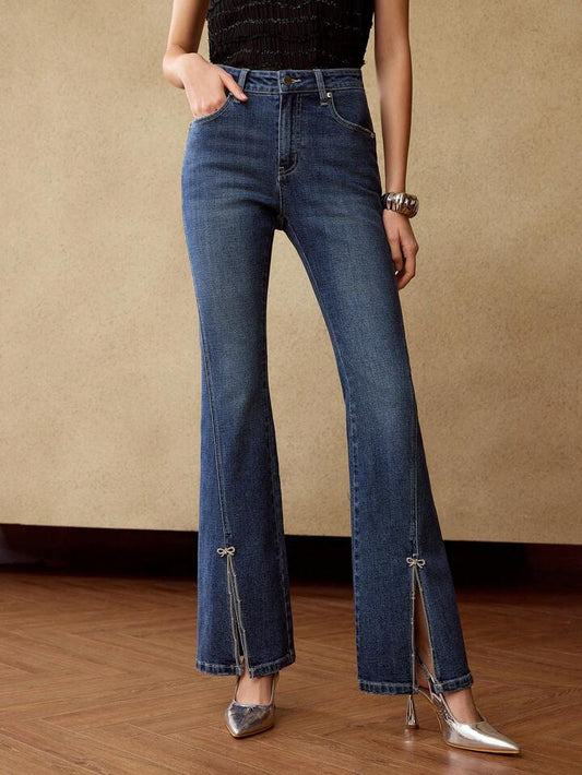 CM-BS671797 Women Elegant Seoul Style Rhinestone Bow Chain Detail Split Hem Flare Leg Denim Jeans