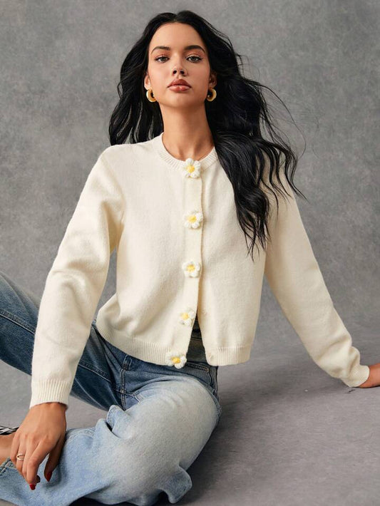 CM-CS805106 Women Casual Seoul Style Round Neck 3D Embellished Cropped Long Sleeve Cardigan