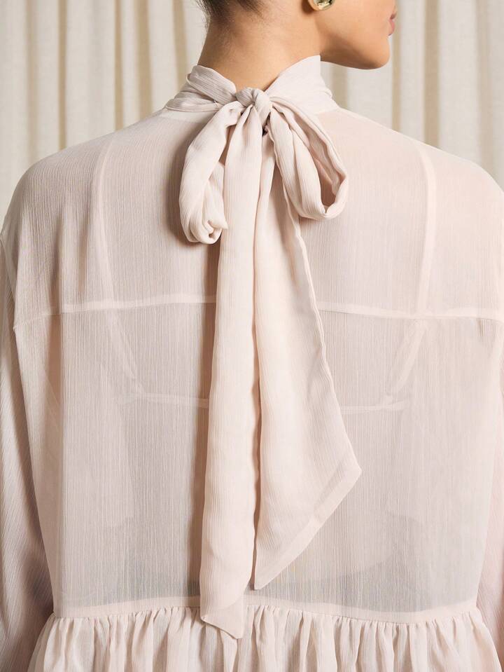 CM-TS243956 Women Elegant Seoul Style Tie Neck Bishop Sleeve Ruffle Volume Blouse - Apricot