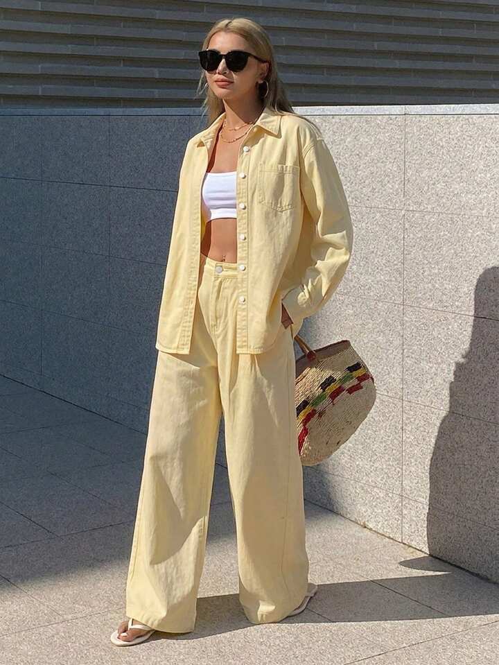 CM-SS393399 Women Casual Seoul Style Collared Long Sleeve Loose Denim Shirt With Straight-Leg Pants - Set