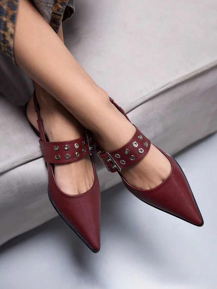 CM-SHS862685 Women Trendy Seoul Style PU Leather Pointed Toe Flat Shoes With Back Strap - Burgundy