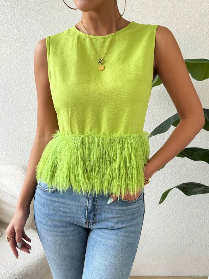 CM-TS346633 Women Casual Seoul Style Round Neck Sleeveless Loose Furry Hem Blouse - Green