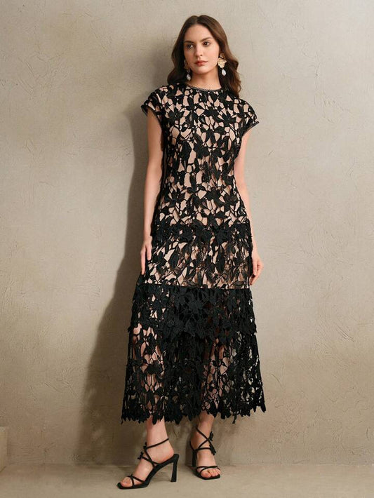 CM-DS130326 Women Elegant Seoul Style Stand Collar Batwing Sleeve Lace Layered Dress - Black