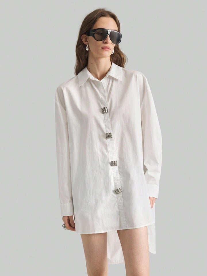 CM-TS195759 Women Casual Seoul Style Collar Neckline Drop Shoulder Asymmetrical Blouse - White