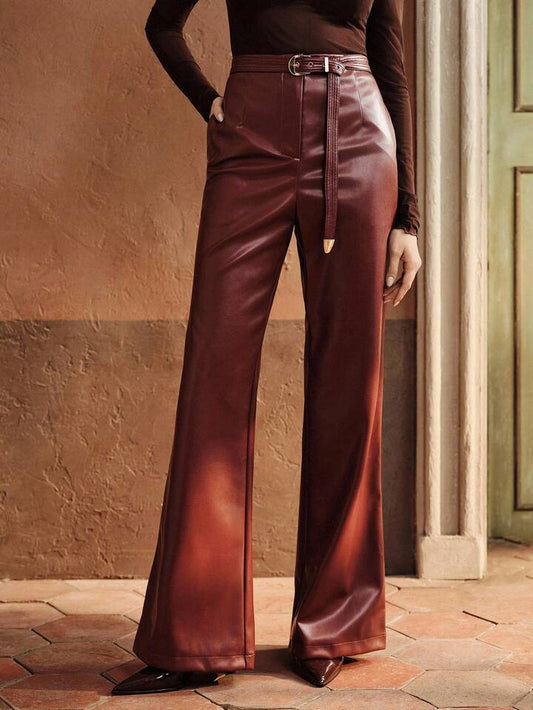 CM-BS720037 Women Elegant Seoul Style High Waist PU Leather Belted Straight Leg Pants - Burgundy