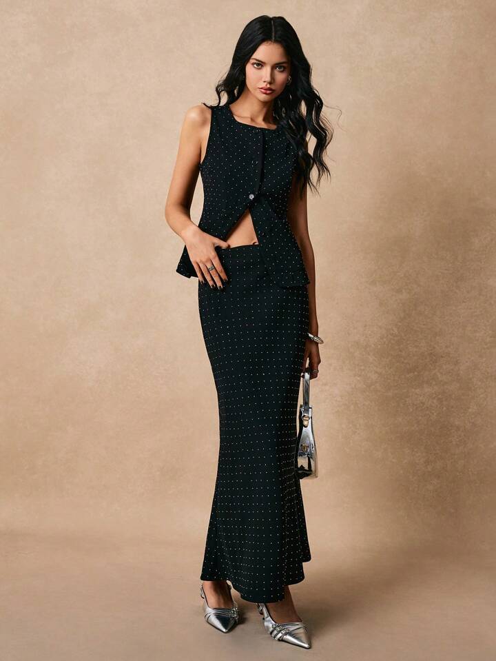 CM-SS282041 Women Elegant Seoul Style Front Buttoned Sleeveless Top With Long Skirt - Set