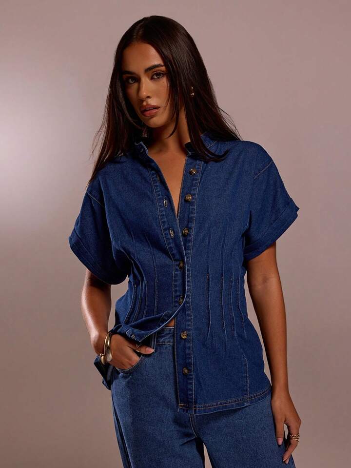 CM-TS897693 Women Casual Seoul Style Collar Neckline Short Sleeve Single-Breasted Loose Denim Top - Blue