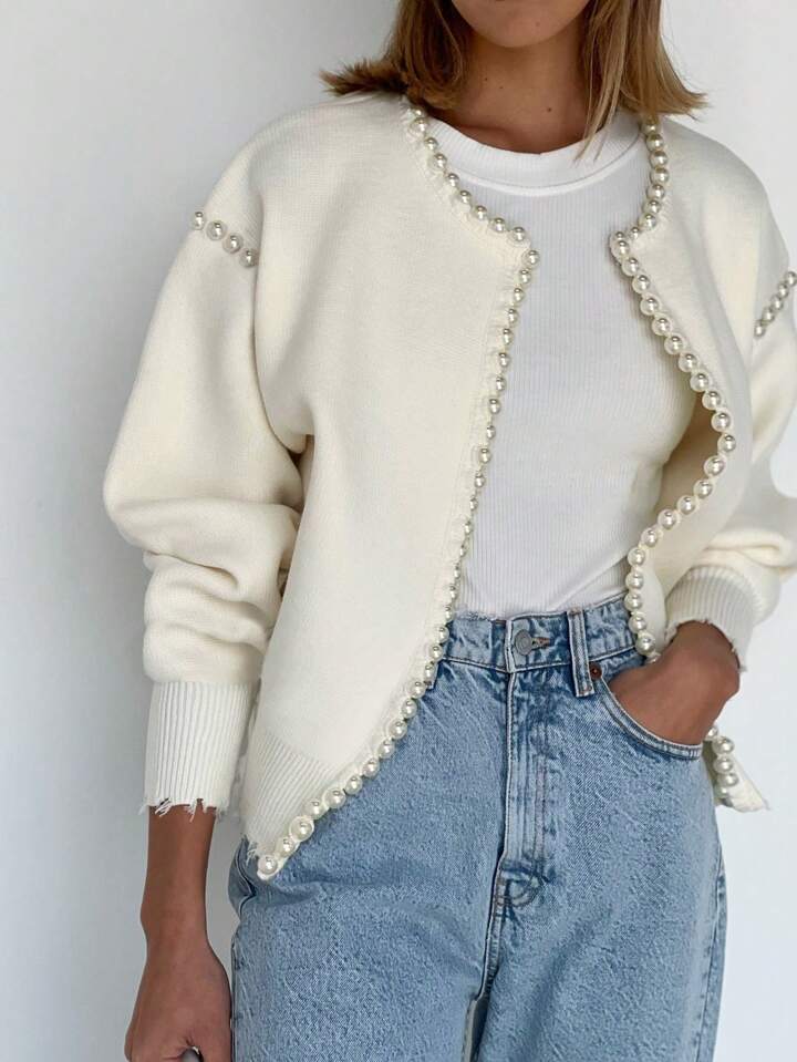 CM-CS690395 Women Casual Seoul Style Pearl Trim Distressed Hem Long Sleeve Knit Sweater - White