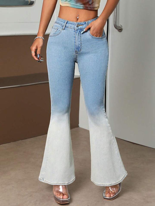 CM-BS185776 Women Preppy Seoul Style Ombre Print Flare Leg Jeans - Blue