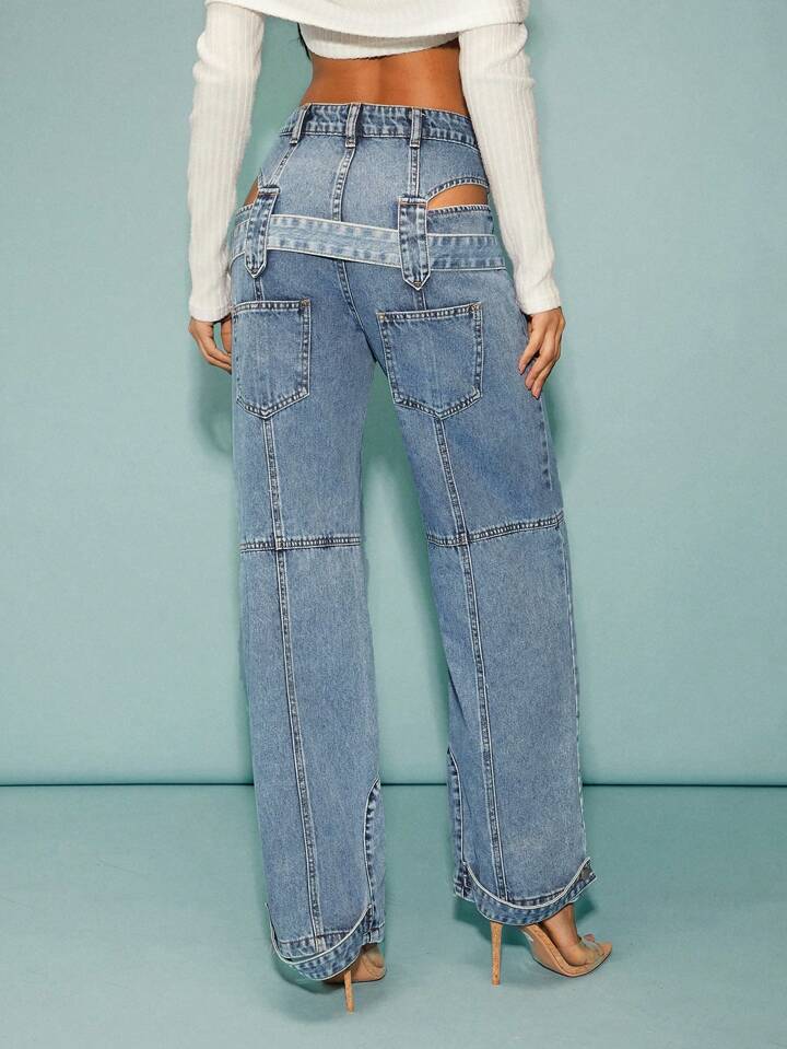 CM-BS414217 Women Elegant Seoul Style Belted Loose Wide Leg Denim Jeans - Blue