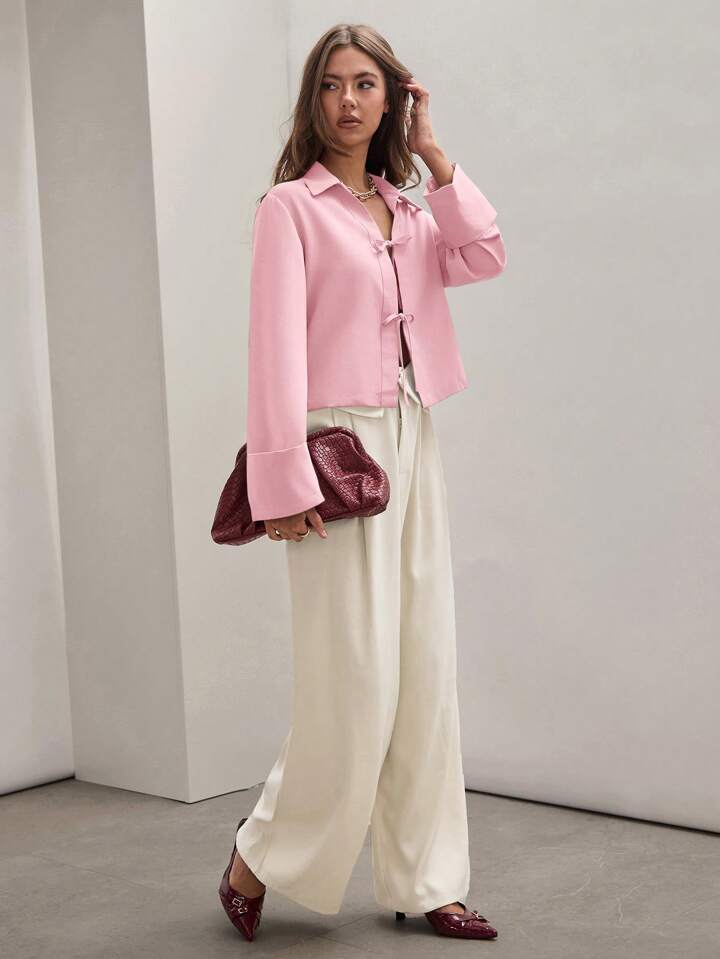 CM-TS885573 Women Trendy Bohemian Style Shirt Collar Front Tie Long Sleeve Shirt - Pink