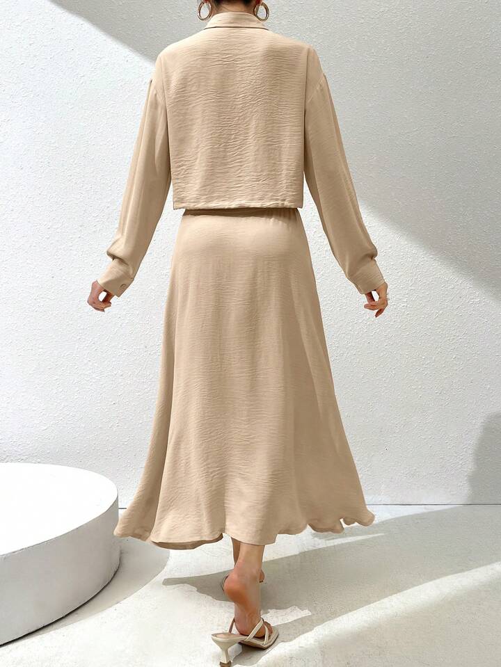 CM-SS075247 Women Casual Seoul Style Minimal Collared Long Sleeve Top With A-Line Maxi Skirt - Set