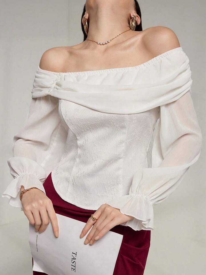 CM-TS677372 Women Elegant Seoul Style Off the Shoulder Flare Sleeve Chiffon Shirt - White