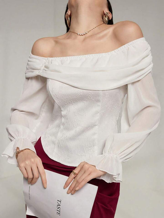 CM-TS677372 Women Elegant Seoul Style Off the Shoulder Flare Sleeve Chiffon Shirt - White