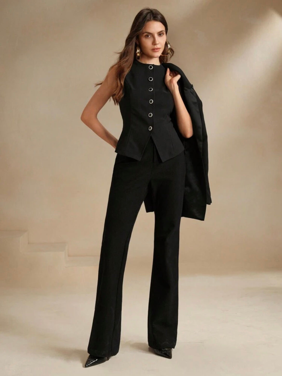 CM-TS041048 Women Elegant Seoul Style Round Neck Single-Breasted Asymmetrical Top - Black