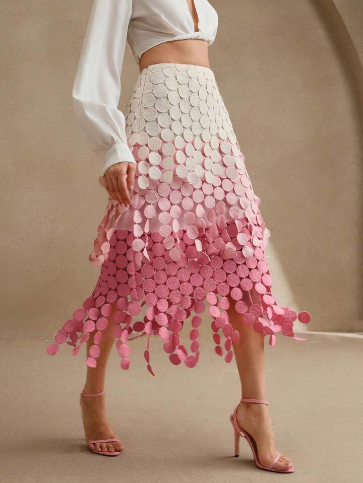 CM-BS338832 Women Trendy Bohemian Style Hollow Out Embroidery Tassel High Waist Flowy Skirt - Pink