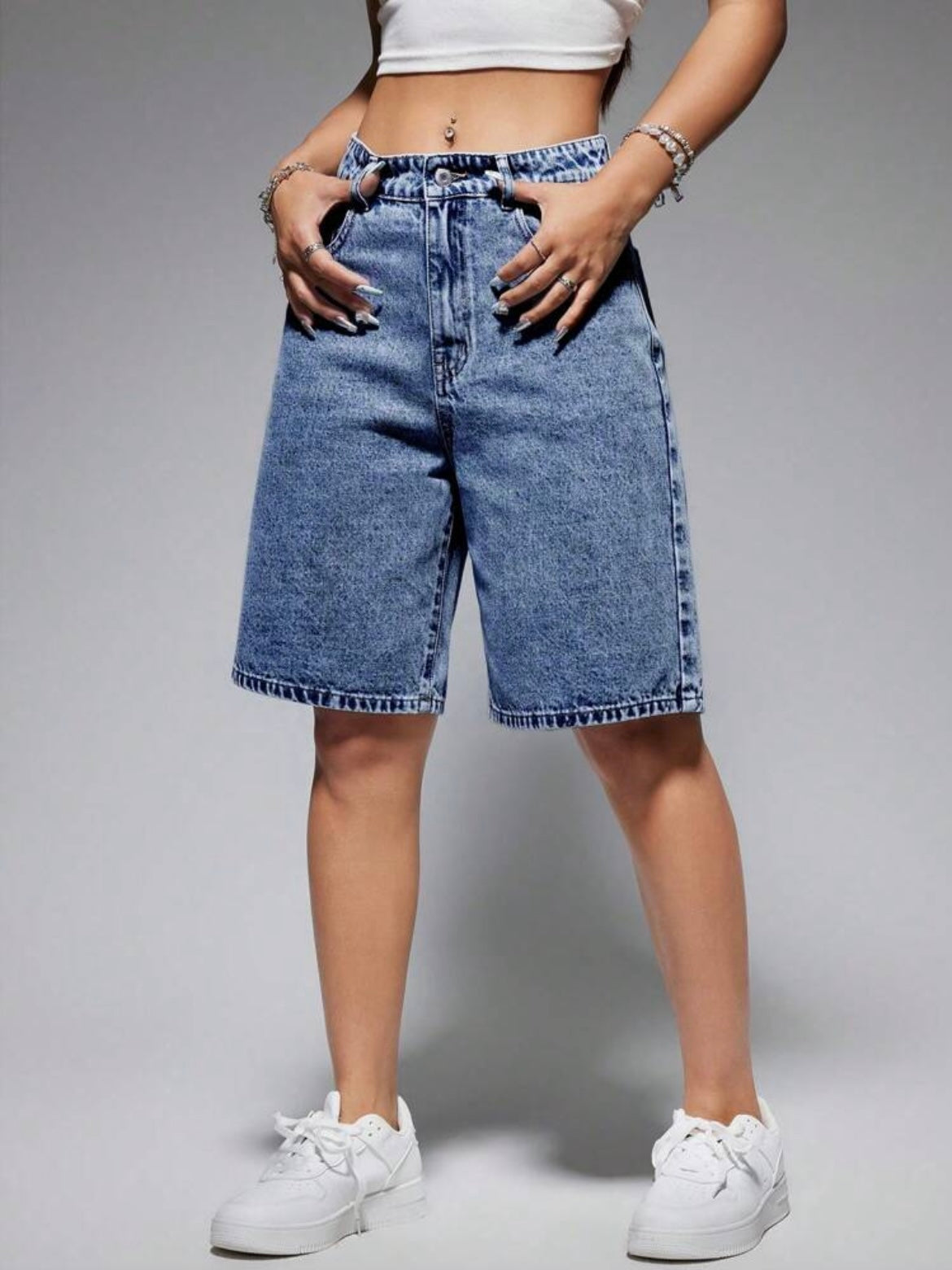 CM-BS948419 Women Casual Seoul Style Medium Wash High Waist Bermuda Denim Shorts