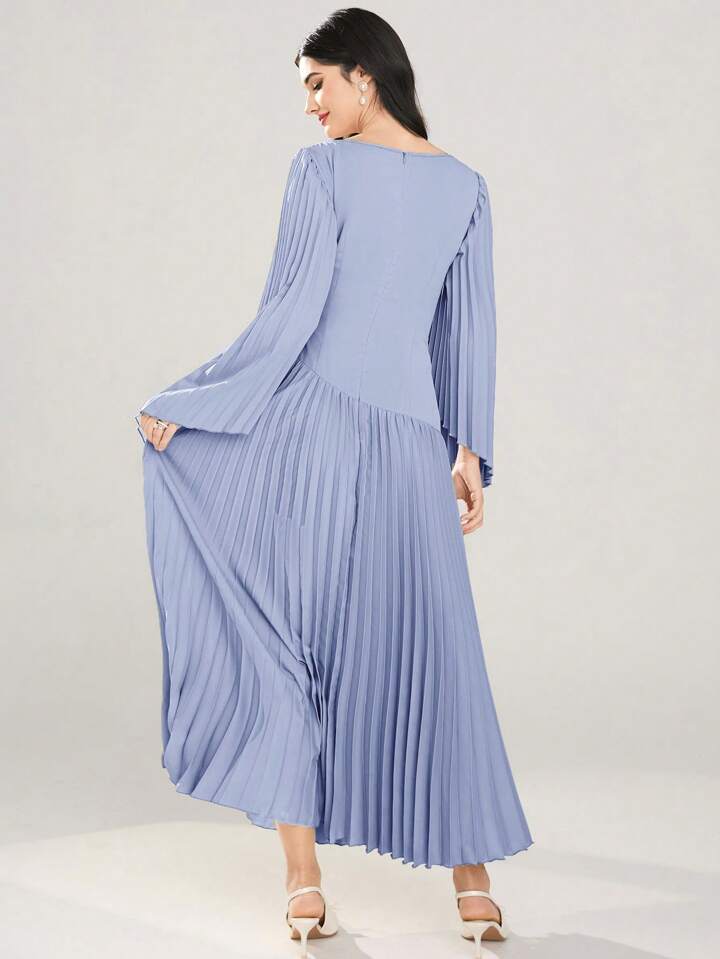 CM-DS986626 Women Elegant Seoul Style Round Neck Long Sleeve Asymmetrical Pleated Dress - Blue