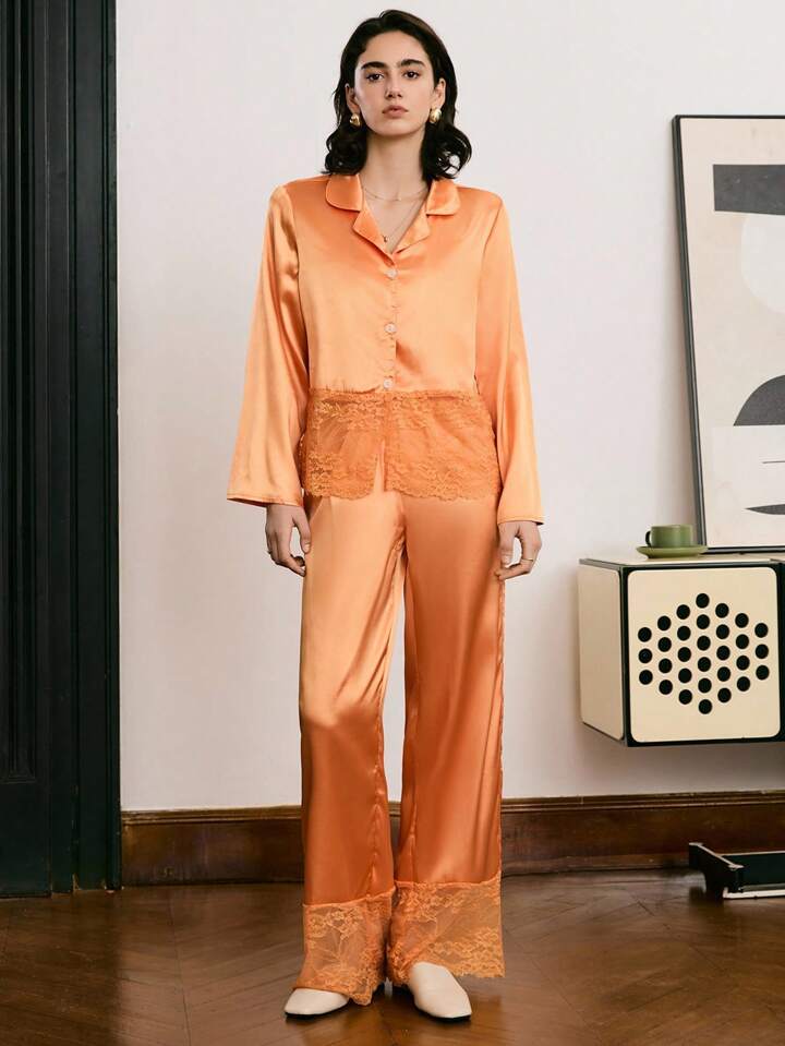 CM-LS629502 Women Trendy Seoul Style Lace Patchwork Satin Lapel Neckline Long Sleeve Pajama Set