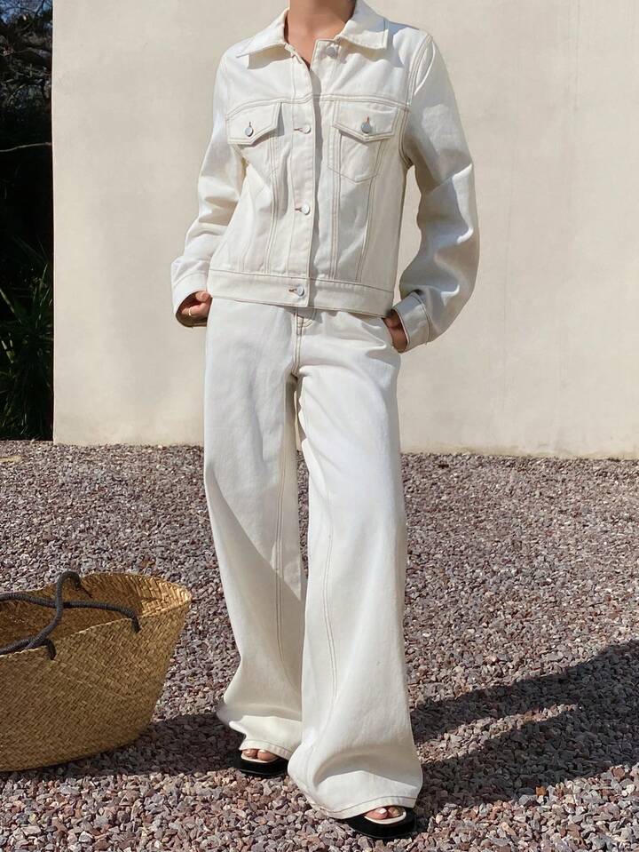 CM-SS672764 Women Casual Seoul Style Collared Neckline Long Sleeve Denim Jacket With Pants - Set