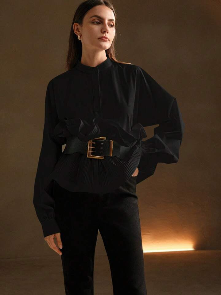 CM-TS065109 Women Elegant Seoul Style Waisted Multilayer Ruffle Hem Loose Blouse - Black